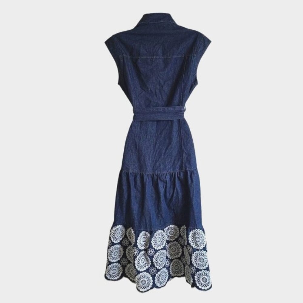Solitaire Denim Sleeveless Button Down Belted Midi Jean Dress XS - Picture 2 of 8